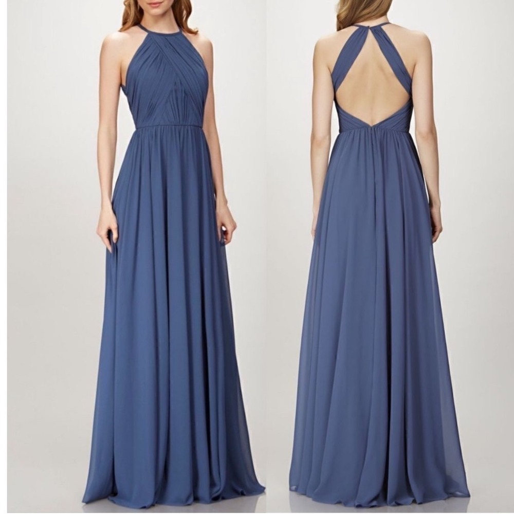 THEIA Allison Backless High Neck Bridesmaid Dress in Denim Slate‎ Blue Sz  10